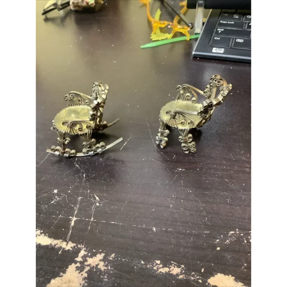 Vintage Tramp Art Filigree Metal Dollhouse Rocking & Straight Leg Chairs & Table - Picture 5 of 12